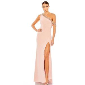Mac Duggal Beaded Drop Shoulder Jersey Gown Dress Size 12 Pink Slit Prom 68163